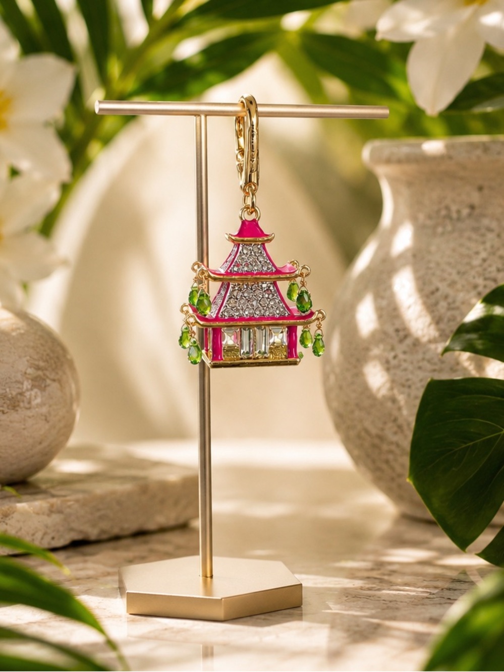 RARE Juicy Couture Pink Asian Pagoda Charm/Pendant w Green Crystal Drops - Picture 3 of 15